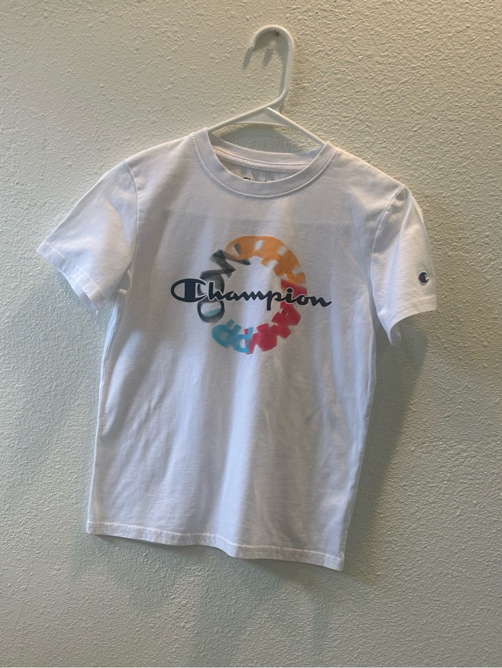 Champion White Tee with Rainbow Ring Logo